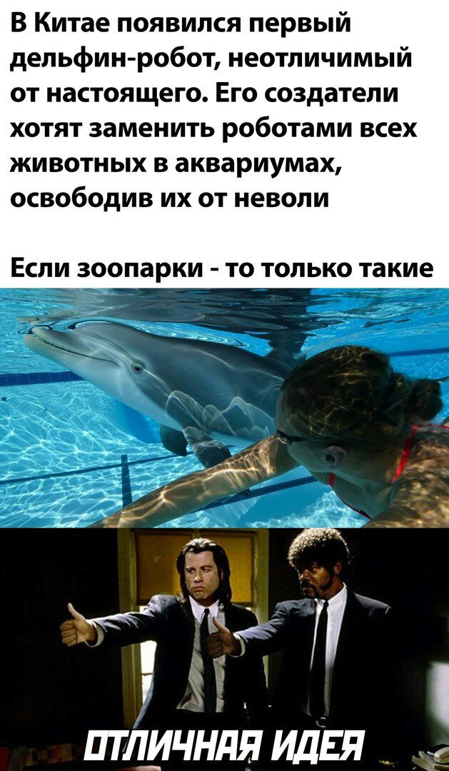 В Китае появился первый дельфин робот неотличимый от настоящего Его создатели хотят заменить роботами всех животных в аквариумах освободив их от неволи ЕСЛИ ЗООПЗРКИ ТО ТОЛЬКО такие ЁЁ г ПТЛ_ИЧНдЯ ИДЕЯ