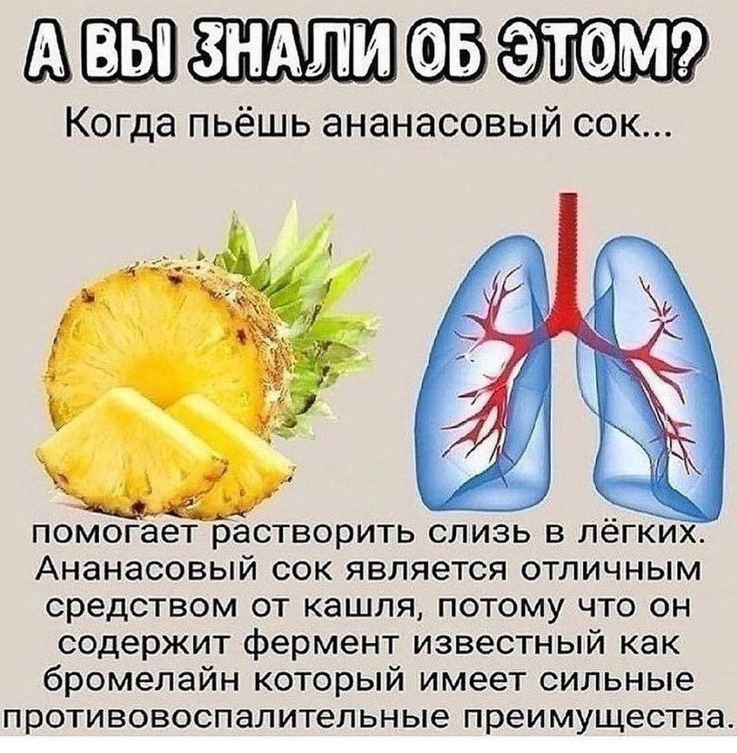 ЗНАЛИ ЭТОМ Когда пьёшь ананасовый сок помогает растворить слизь в лёгки Ананасовый сок является отличным средством от кашля потому что он содержит фермент известный как бромепайн который имеет сильные противовоспапительные преимущества