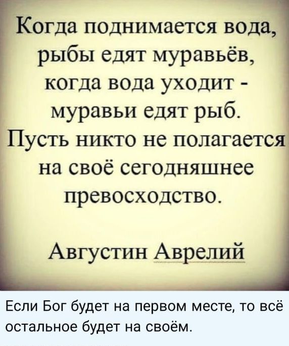 огда поднимается вода рыбы едят муравьёв когда вода уходит муравьи едят рыб Пусть никто не полагаетс на своё сегодняшнее превосходство Августин Аврелий Если Бог будет на первом месте то всё остальное будет на своём