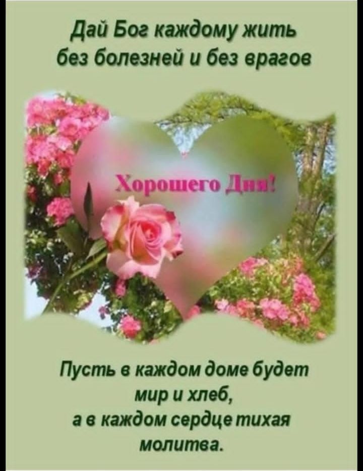 Дай Бог каждому жить без болезней и без врагов
Хорошего Дня!
Пусть в каждом доме будет мир и хлеб, а в каждом сердце тихая молитва.