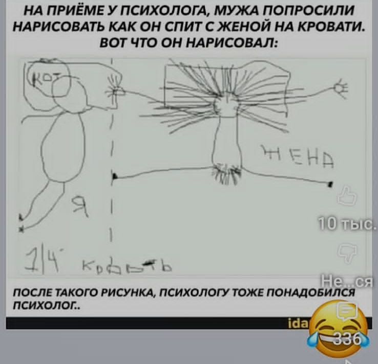 НА ПРИЁМЕ У ПСИХОЛОГА, МУЖА ПОПРОСИЛИ НАРИСОВАТЬ КАК ОН СПИТ С ЖЕНОЙ НА КРОВАТИ. ВОТ ЧТО ОН НАРИСОВАЛ: ПОСЛЕ ТАКОГО РИСУНКА, ПСИХОЛОГУ ТОЖЕ ПОТРЕБОВАЛСЯ ПСИХОЛОГ..