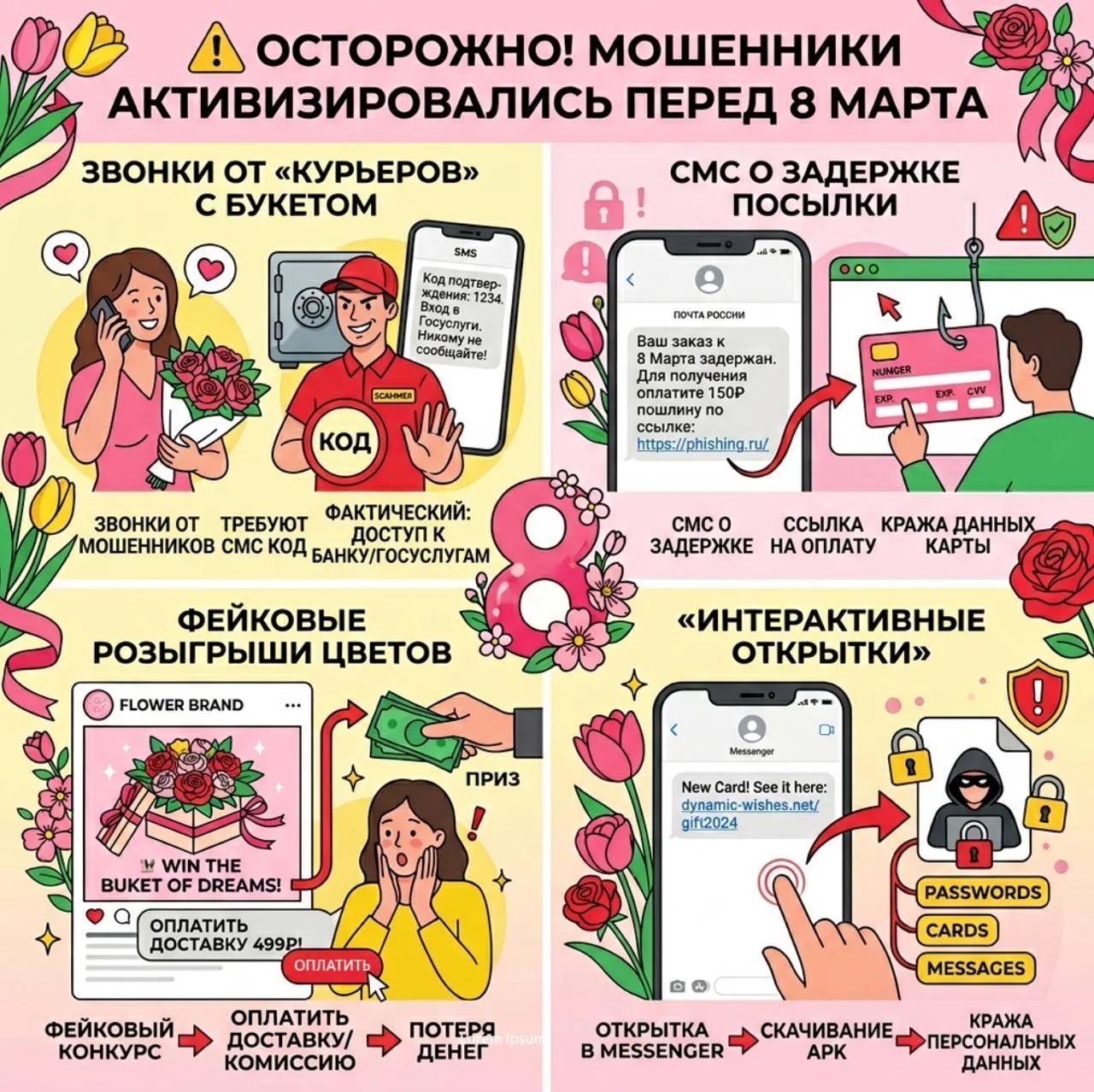 ⚠ ОСТОРОЖНО! МОШЕННИКИ АКТИВИЗИРОВАЛИСЬ ПЕРЕД 8 МАРТА. ЗВОНИТ ОТ 'КУРЬЕРОВ' С БУКЕТОМ, СМС О ЗАДЕРЖКЕ ПОСЫЛКИ, ФЕЙКОВЫЕ РОЗЫГРЫШИ ЦВЕТОВ, ПРИЗЫ С CУШЕ. ОПЛАТИТЬ ДОСТАВКУ, ПОТЕРЯ ДЕНЕГ, ПОДПИСИТЬСЯ НА APK, КРАЖА ДАННЫХ.
