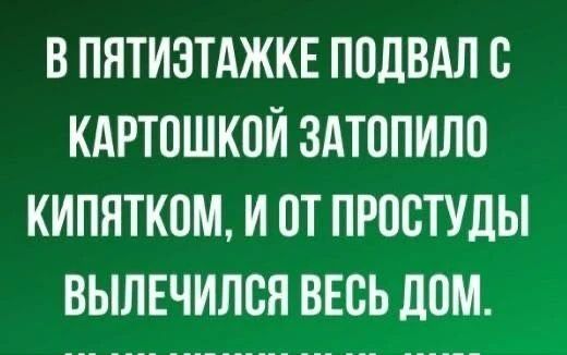 В ПЯТИЭТАЖКЕ ПОДВАЛ С КАРТОШКОЙ ЗАТОПИЛО КИПЯТКОМ, И ОТ ПРОСТУДЫ ВЫЛЕЧИЛСЯ ВЕСЬ ДОМ.