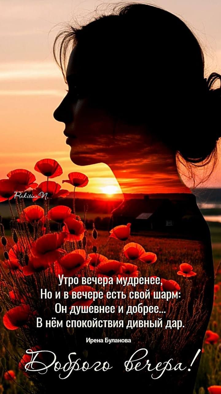 Утро вечера мудренее, Но и в вечере есть свой шарм: Он душевнее и добрее... В нём спокойствия дивный дар.
Ирена Буланова
Доброе вечера!