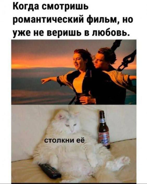 Когда смотришь романтический фильм, но уже не веришь в любовь.

столкни её