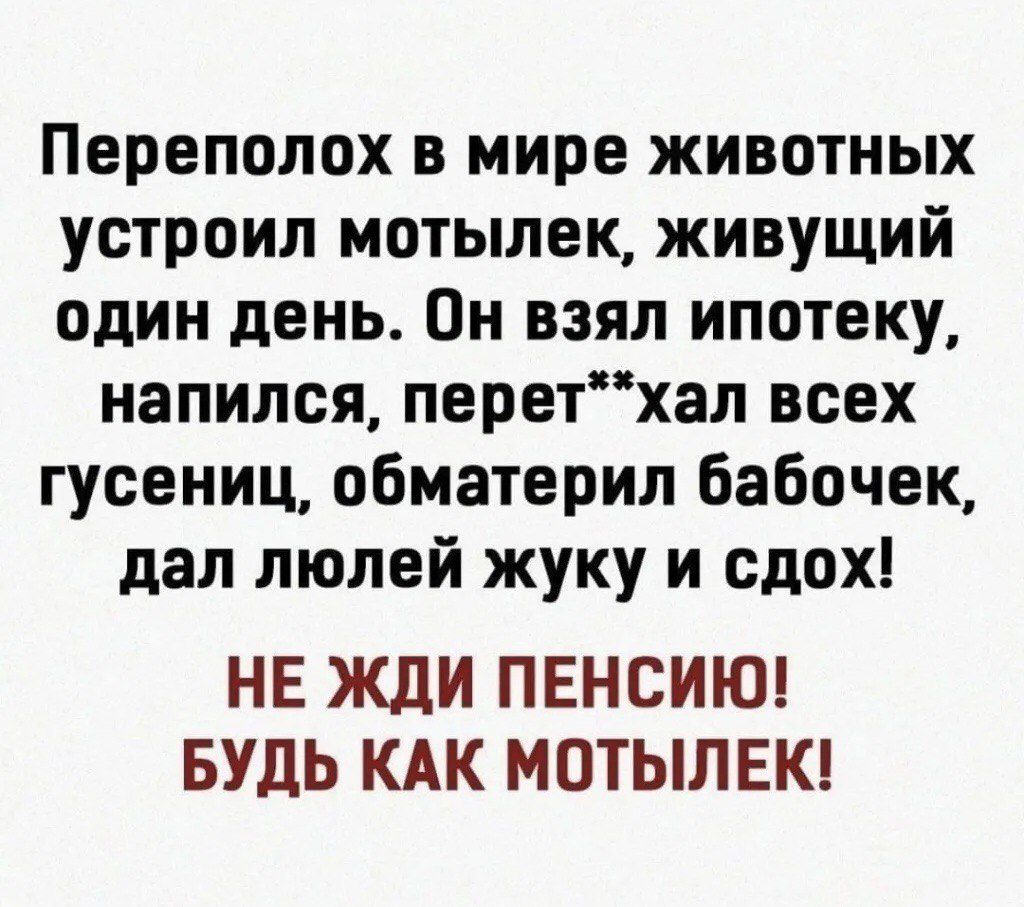 Переполох в мире животных устроил мотылек, живущий один день. Он взял ипотеку, напился, перет**жал всех гусениц, обматерил бабочек, дал люлей жуку и сдох! НЕ ЖДИ ПЕНСИЮ! БУДЬ КАК МОТЫЛЕК!