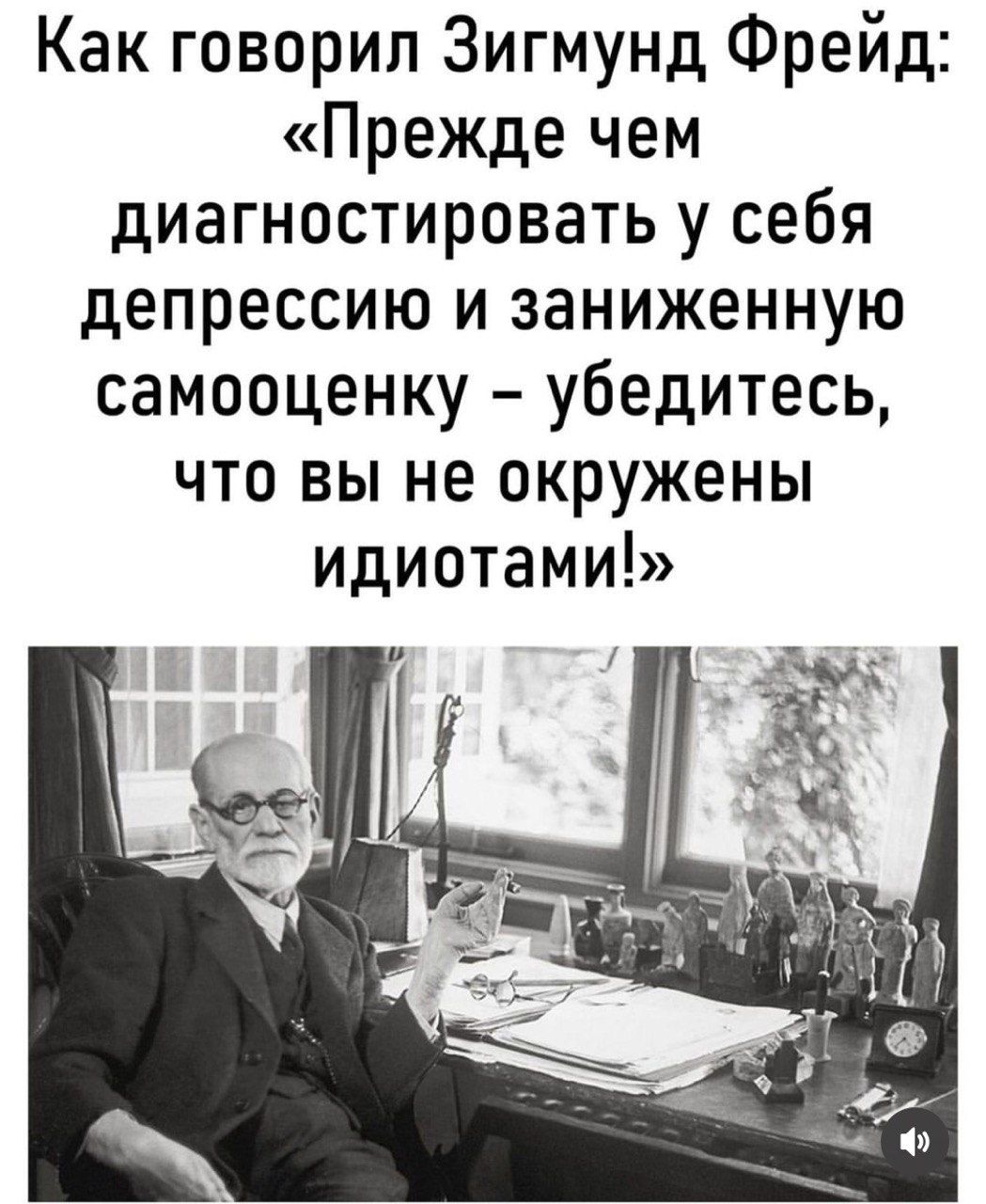 Как говорил Зигмунд Фрейд: «Прежде чем диагностировать у себя депрессию и заниженную самооценку – убедитесь, что вы не окружены идиотами!»