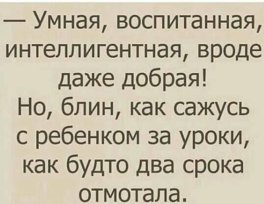 — Умная, воспитанная, интеллектуальная, вроде даже добрая! Но, блин, как сажусь с ребенком за уроки, как будто два срока отмотала.