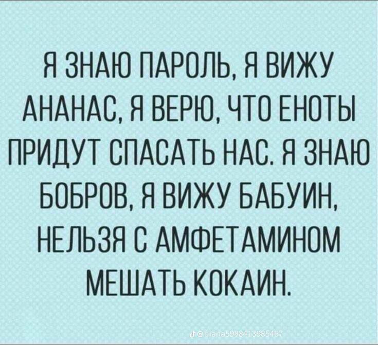 Я ЗНАЮ ПАРОЛЬ, Я ВИЖУ АНАНАС, Я ВЕРЮ, ЧТО ЕНОТЫ ПРИДУТ СПАСТЬ НАС. Я ЗНАЮ БОБРОВ, Я ВИЖУ БАБУИН, НЕЛЬЗЯ С АМФЕТАМИНОМ МЕШАТЬ КОКАИН.