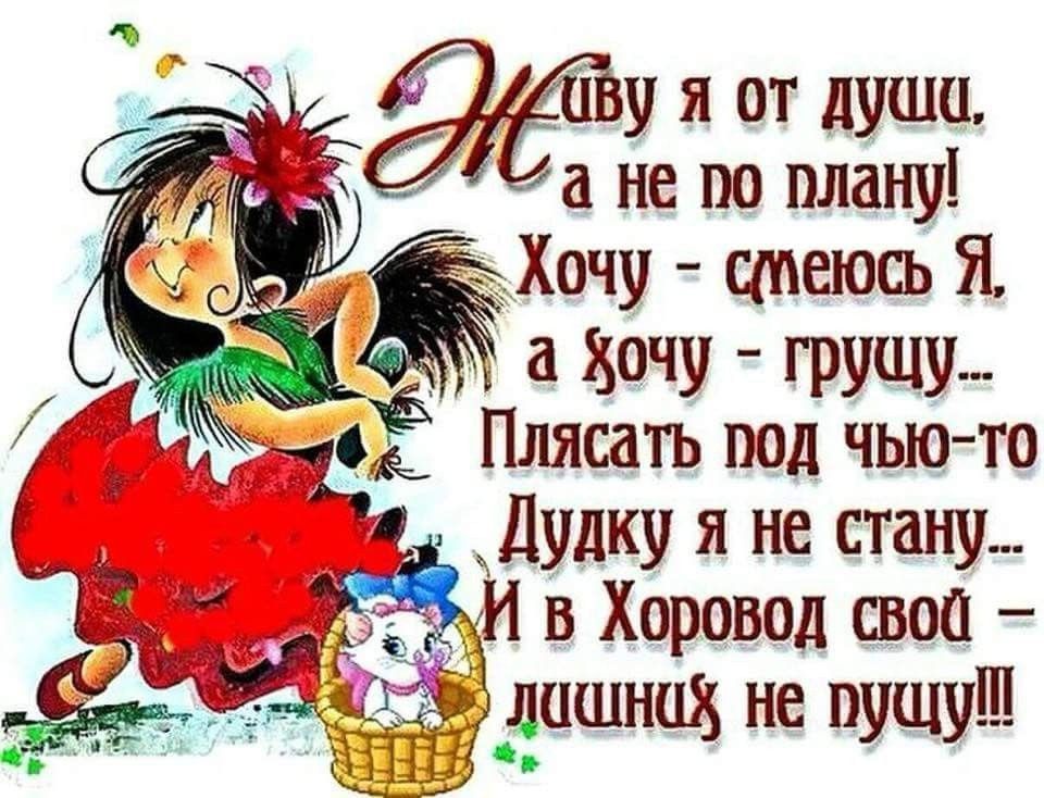 Живу я от души, а не по плану! Хочу — смеюсь Я, а хочу — грущу... Плясать под чью-то ладуку я не стану... И в Хоровод свой — лишних не пущу!!!