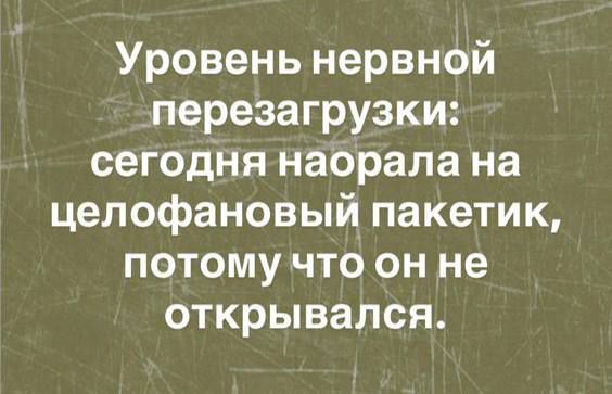 Уровень нервной перезагрузки: сегодня наорала на целофановый пакетик, потому что он не открывался.