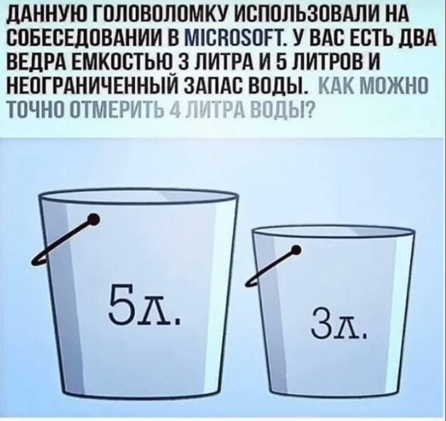 ДАННУЮ ГОЛОВОЛОМКУ ИСПОЛЬЗОВАЛИ НА СОБЕСЕДОВАНИИ В MICROSOFT. У ВАС ЕСТЬ ДВА ВЕДРА ЕМКОСТЬЮ 3 ЛИТРА И 5 ЛИТРОВ И НЕОГРАНИЧЕННЫЙ ЗАПАС ВОДЫ. КАК МОЖНО ТОЧНО ОТМЕРИТЬ 4 ЛИТРА ВОДЫ?