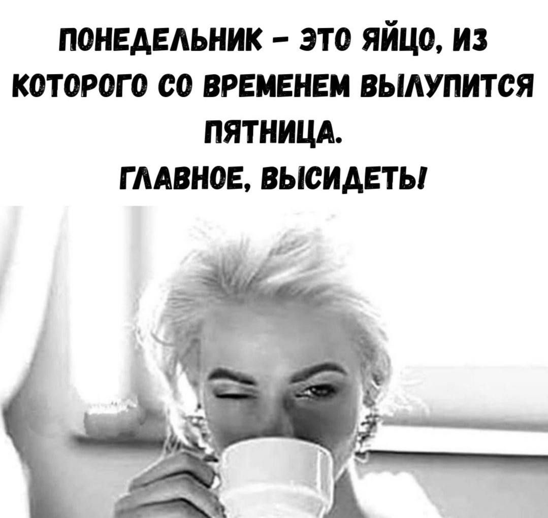 ПОНЕДЕЛЬНИК – ЭТО ЯЙЦО, ИЗ КОТОРОГО СО ВРЕМЕНЕМ ВЫЛУПИТСЯ ПЯТНИЦА. ГЛАВНОЕ, ВЫСИДЕТЬ!