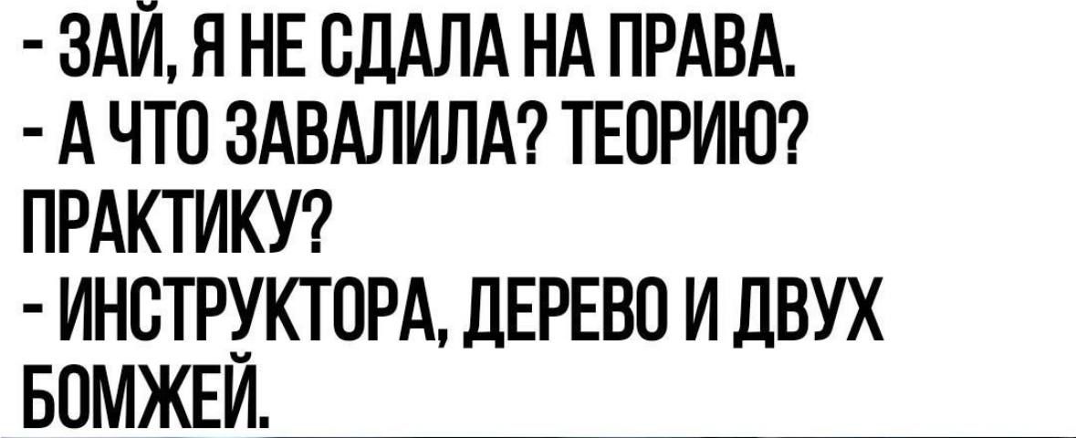 - ЗАЙ. Я НЕ СДАЛА НА ПРАВА. - А ЧТО ЗАВАЛИЛА? ТЕОРИЮ? ПРАКТИКУ? - ИНСТРУКТОРА, ДЕРЕВО И ДВУХ БОМЖЕЙ.