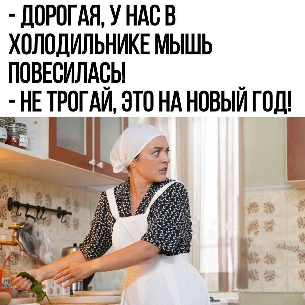 - ДОРОГАЯ, У НАС В ХОЛОДИЛИЛНИКЕ МЫШЬ ПОВЕСИЛАСЬ!
- НЕ ТРОГАЙ, ЭТО НА НОВЫЙ ГОД!