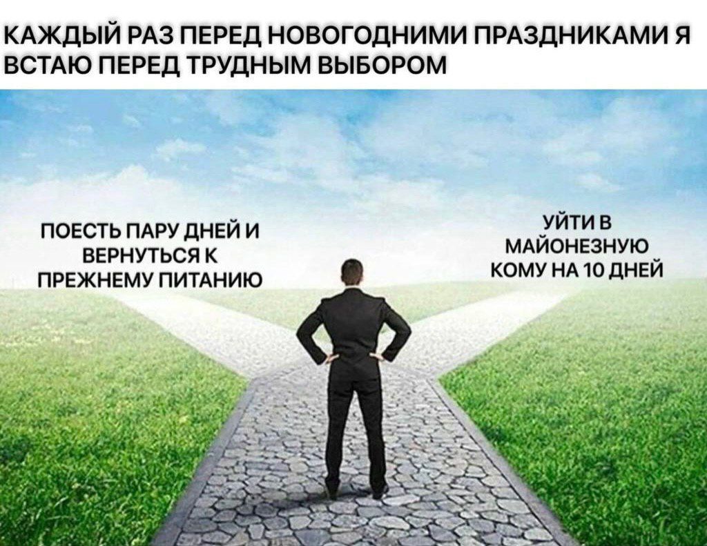 КАЖДЫЙ РАЗ ПЕРЕД НОВОГОДНИМИ ПРАЗДНИКАМИ Я ВСТАЮ ПЕРЕД ТРУДНЫМ ВЫБОРОМ
ПОЕСТЬ ПАРУ ДНЕЙ И ВЕРНУТЬСЯ К ПРЕЖНЕМУ ПИТАНИЮ
УЙТИ В МАЙОНЕЗНУЮ КОМУ НА 10 ДНЕЙ