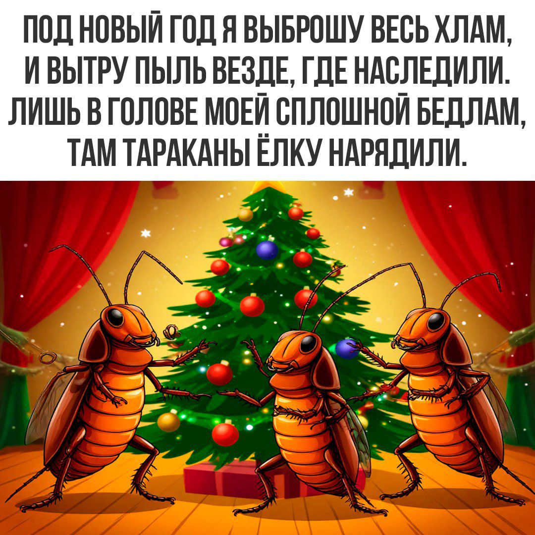 ПОД НОВЫЙ ГОД Я ВЫБРОШУ ВСЕ ХЛАМ, И ВЫТРУ ПЫЛЬ ВЕЗДЕ, ГДЕ НАСЛЕПИЛИ. ЛИШЬ В ГОЛОВЕ МОЕЙ СПЛОШНОЙ БЕДЛАМ, ТАМ ТАРАКАНЫ ЁЛКУ НАРАДИЛИ.
