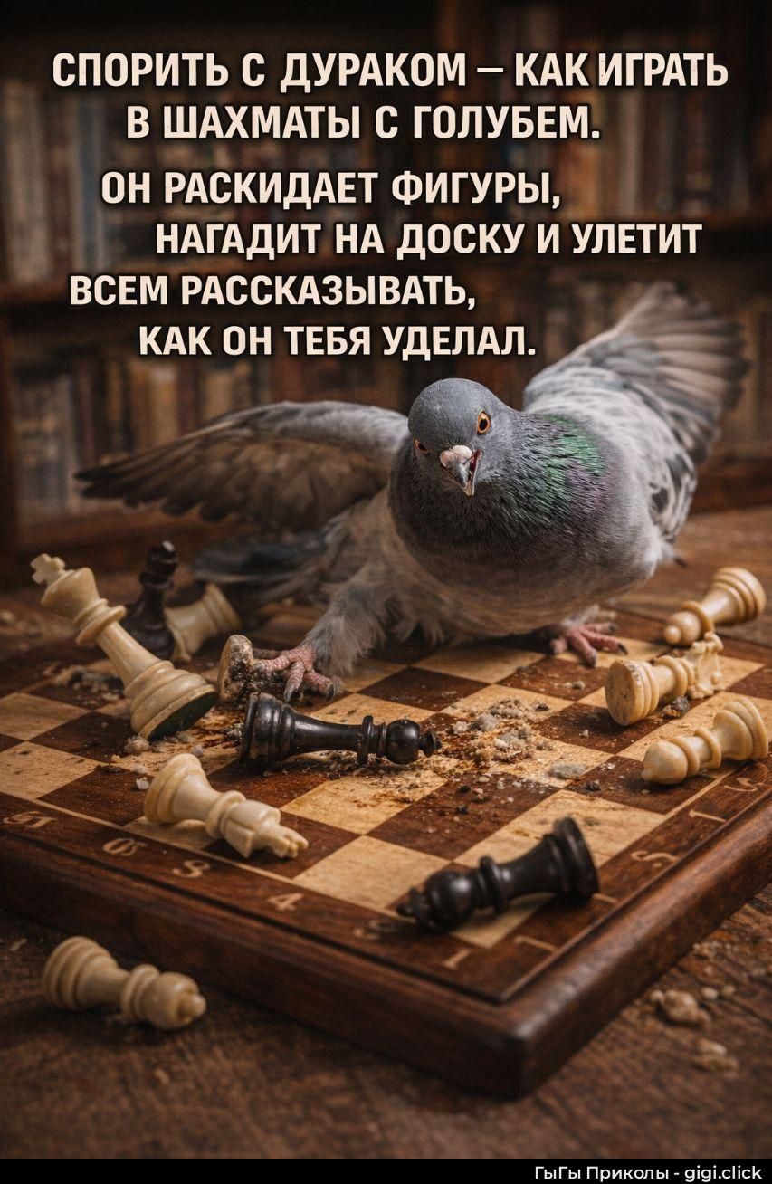 СПОРИТЬ С ДУРАКОМ – КАК ИГРАТЬ В ШАХМАТЫ С ГОЛУБЕМ. ОН РАСКИДАЕТ ФИГУРЫ, НАГАДИТ НА ДОСКУ И УЛЕТИТ ВСЕМ РАССКАЗЫВАТЬ, КАК ОН ТЕБЯ УДЕЛАЛ.