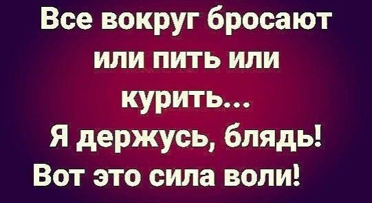 Все вокруг бросают или пить или курить Я держусь блядь Вот это сила воли