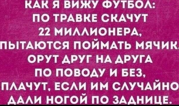 Как я вижу футбол: по травке скачут 22 миллионаера, пытаются поймать мячик, орют друг на друга по поводу и без, плачут, если им случайно дали ногой по заднице