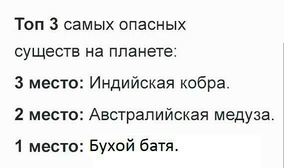 Топ 3 самых опасных существ на планете 3 место Индийская кобра 2 место Австралийская медуза 1 место Бухой батя