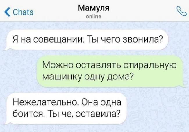 сба5 Мамуля опйте Я на совещании Ты чего звонила Можно оставлять стиральную машинку одну дома Нежелательно Она одна боится Ты че оставила