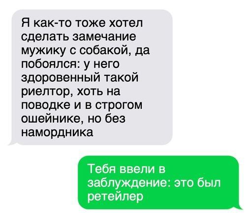 Я как то тоже хотел сделать замечание мужику с собакой да побоялся у него здоровенный такой риелтор хоть на поводке и в строгом ошейнике но без намордника Тебя ввели в заблуждение это был ретейлер