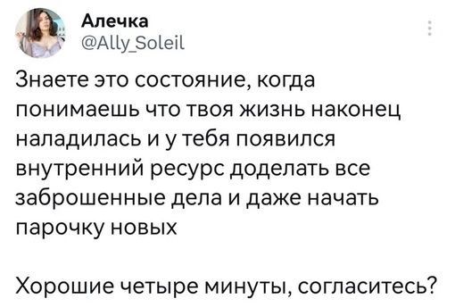 Алечка АЦу 5оей Знаете это состояние когда понимаешь что твоя жизнь наконец наладилась и у тебя появился внутренний ресурс доделать все заброшенные дела и даже начать парочку новых Хорошие четыре минуты согласитесь