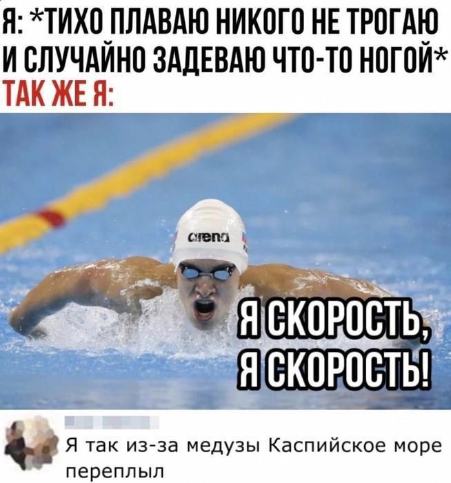 Я ТИХО ПЛАВАЮ НИКОГО НЕ ТРОГАЮ И СЛУЧАЙНО ЗАДЕВАЮ ЧТО ТО НОГОЙ ТАК ЖЕ Я и Я так из за медузы Каспийское море переплыл