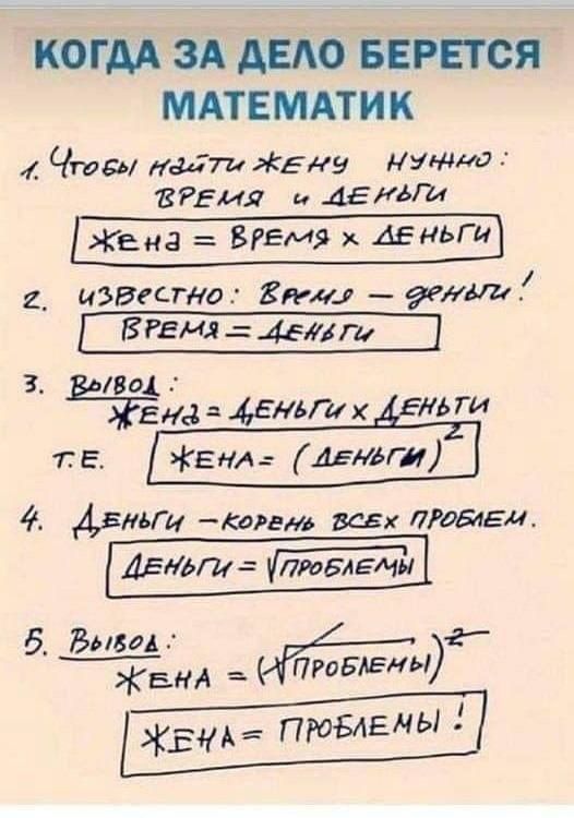 КОГДА ЗА ДЕЛО БЕРЕТСЯ МАТЕМАТИК Чтобы иситти ЖЕ Н9 НУ ВРЕАЯ 4Е КЫГА кЕна ВРЕмя х ДЕНЬГИ известно Е телоя 9311 ЕЙ ВоД Еи ДЕНЬГи х ДЕНЬТИ 4 Ааъгц Корвиь _ ВСЕХ ПРОБАЕМ Девъги ПРоБЛЕЫ 5 Вывол ЖеЕнА ПРОоБАЕНЫ