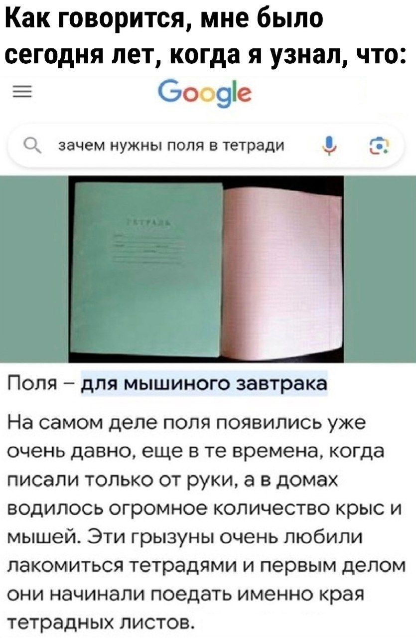 Как говорится мне было сегодня лет когда я узнал что Сооде зачем нужны поля в тетради О Поля для мышиного завтрака На самом деле поля появились уже очень давно еще в те времена когда писали только от руки а в домах водилось огромное количество крыс и мышей Эти грызуны очень любили лакомиться тетрадями и первым делом они начинали поедать именно края