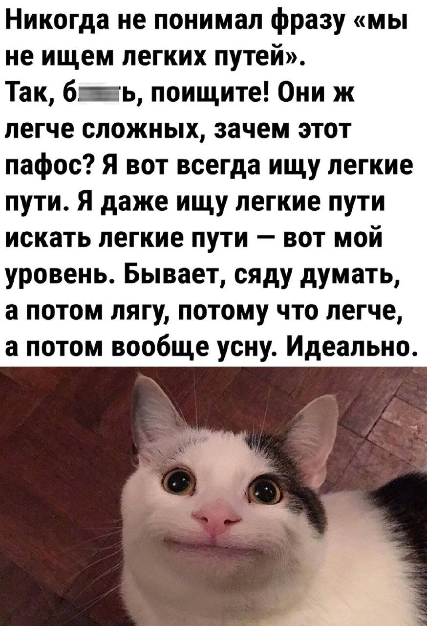 Никогда не понимал фразу мы не ищем легких путей Так биашь поищите Они ж легче сложных зачем этот пафос Я вот всегда ищу легкие пути Я даже ищу легкие пути искать легкие пути вот мой уровень Бывает сяду думать а потом лягу потому что легче а потом вообще усну Идеально