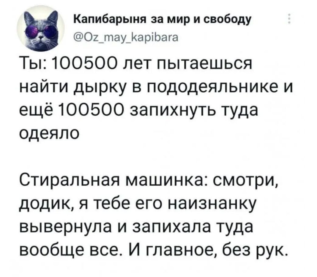 Капибарыня за мир и свободу Ог_тау_Карбага Ты 100500 лет пытаешься найти дырку в пододеяльнике и ещё 100500 запихнуть туда одеяло Стиральная машинка смотри додик я тебе его наизнанку вывернула и запихала туда вообще все И главное без рук