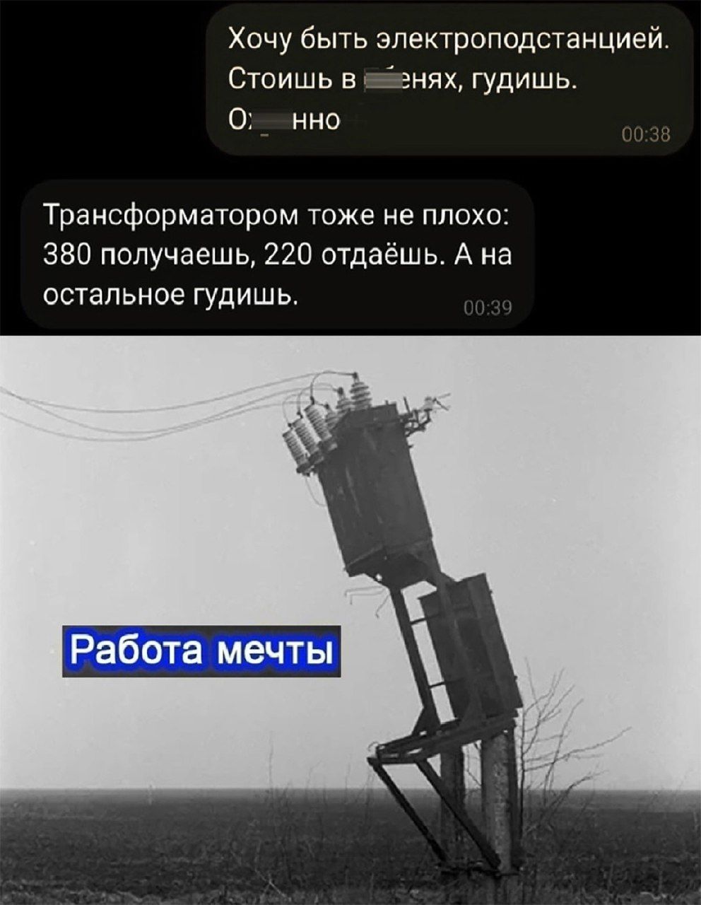 Хочу быть электроподстанцией Стоишь в ейенях гудишь О нно Трансформатором тоже не плохо 380 получаешь 220 отдаёшь А на остальное гудишь