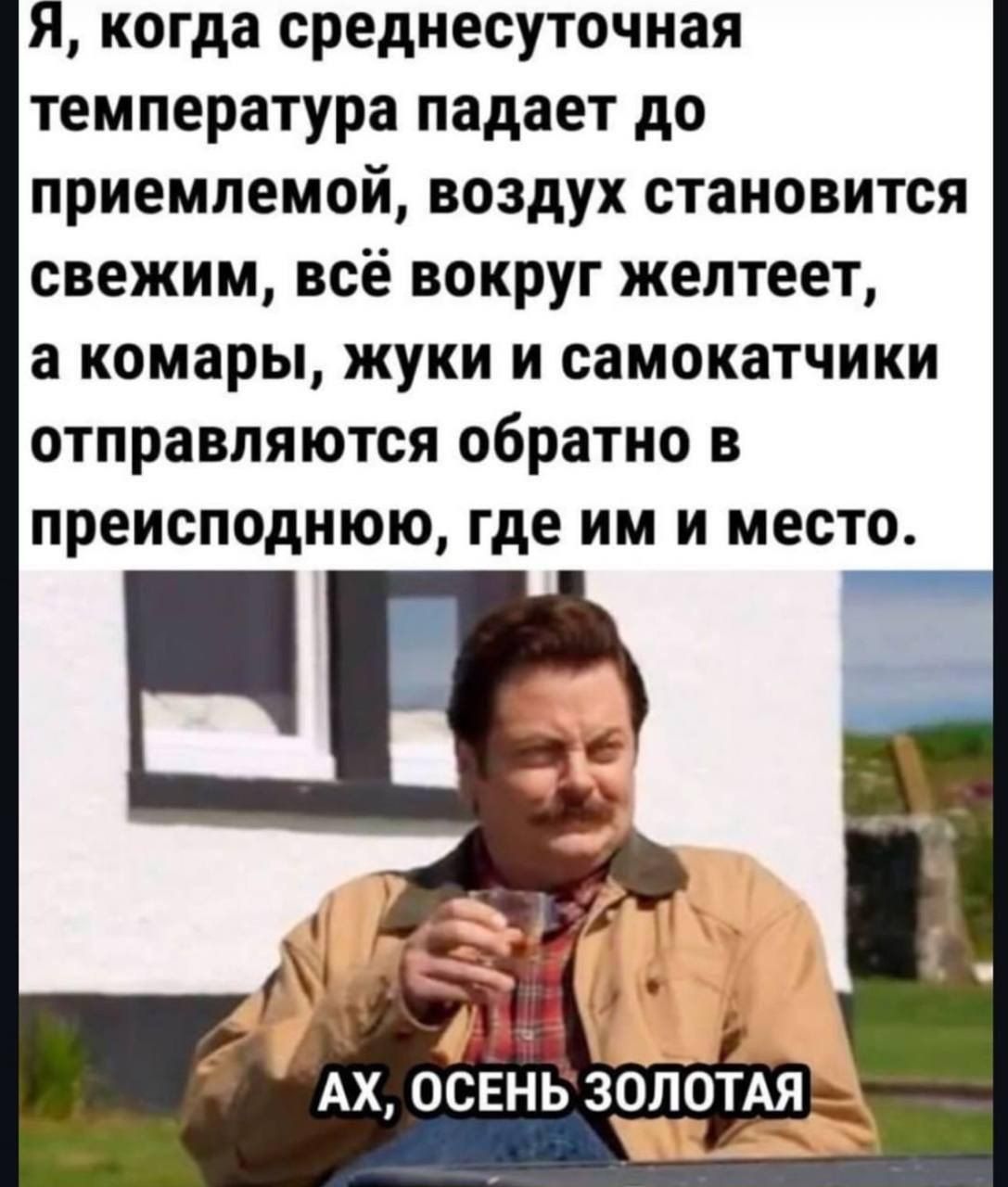 Я когда среднесуточная температура падает до приемлемой воздух становится свежим всё вокруг желтеет а комары жуки и самокатчики отправляются обратно в преисподнюю где им и место АХ ОСЕНЬ ЗОЛОТАЯ