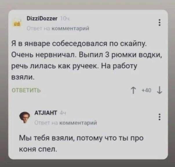 Онг2Юоглег я комментарий Я в январе собеседовался по скайпу Очень нервничал Выпил 3 рюмки водки речь лилась как ручеек На работу взяли ОТВЕТИТЬ Т АТЛАНТ комментарий Мы тебя взяли потому что ты про коня спел