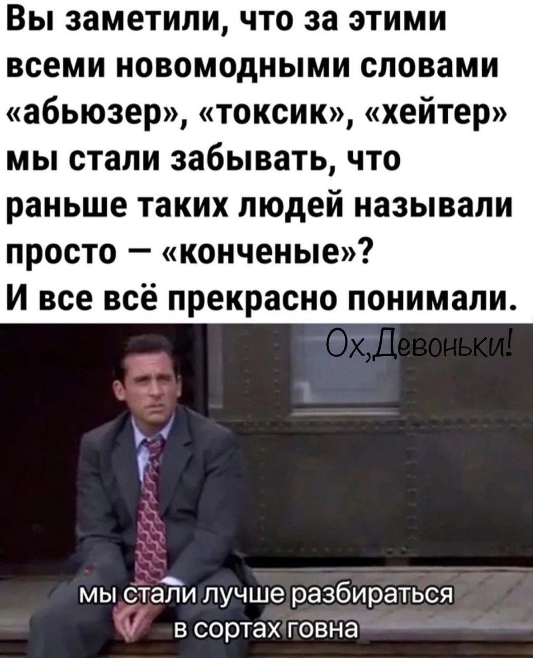 Вы заметили что за этими всеми новомодными словами абьюзер токсик хейтер мы стали 336Ьвать что раньше таких людей называли просто конченые И все всё прекрасно понимали мы сталиллучше разбираться в сортахповна