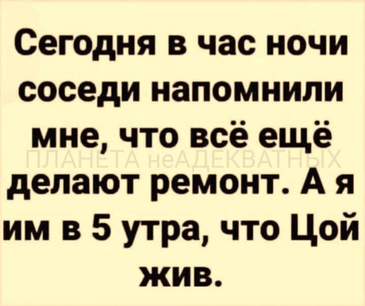 Сегодня в час ночи соседи напомнили мне что всё ещё делают ремонт А я им в 5 утра что Цой жив