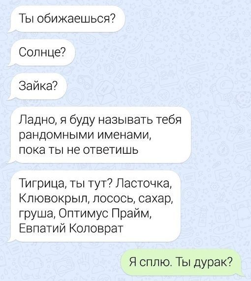 Ты обижаешься Солнце Зайка Ладно я буду называть тебя рандомными именами пока ты не ответишь Тигрица ты тут Ласточка Клювокрыл лосось сахар груша Оптимус Прайм Евпатий Коловрат Я сплю Ты дурак