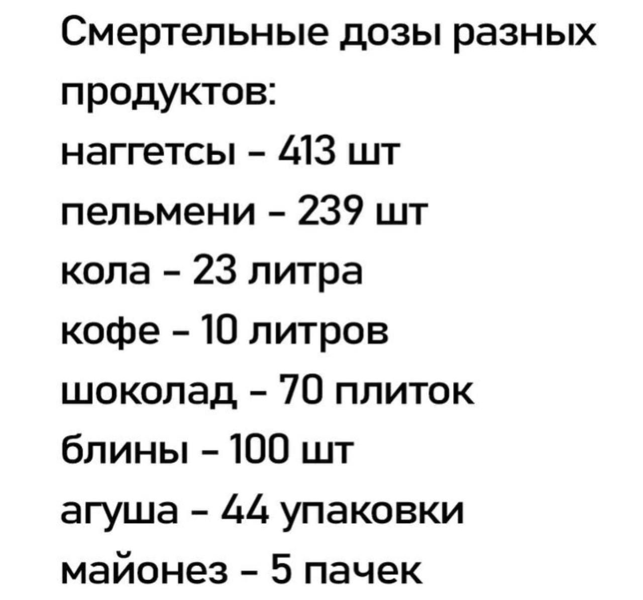 Смертельные дозы разных продуктов наггетсы 413 шт пельмени 239 шт кола 23 литра кофе 10 литров шоколад 70 плиток блины 100 шт агуша 44 упаковки майонез 5 пачек