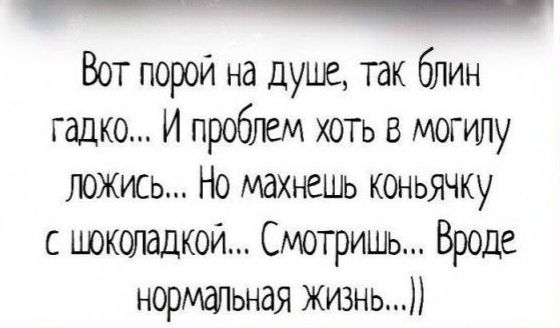 Йоссаанннннннннннн й Вот порой на душе так блин гадко И проблем хоть в могилу Ложись Но махнешь коньячку с шоколадкой Смотришь Вроде нормальная Жизнь