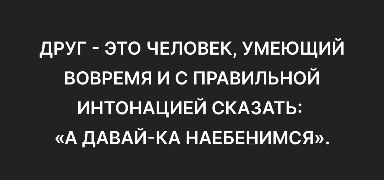 ДРУГ ЭТО ЧЕЛОВЕК УМЕЮЩИЙ ВОВРЕМЯ И С ПРАВИЛЬНОЙ ИНТОНАЦИЕЙ СКАЗАТЬ А ДАВАЙ КА НАЕБЕНИМСЯ