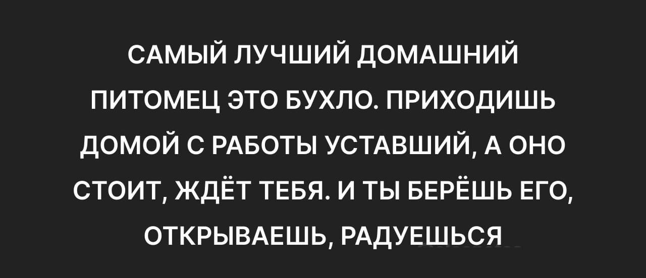 САМЫЙ ЛУЧШИЙ ДОМАШНИЙ ПИТОМЕЦ ЭТО БУХЛО ПРИХОДИШЬ ДОМОЙ С РАБОТЫ УСТАВШИЙ А ОНО СТоИТ ЖДЁТ ТЕБЯ И ТЫ БЕРЁШЬ ЕГО ОТКРЫВАЕШЬ РАДУЕШЬСЯ