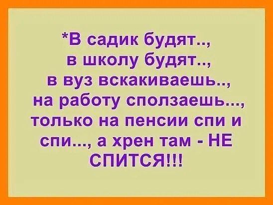 В садик будят в школу будят в вуз вскакиваешь на работу сползаешь только на пенсии спи и спи а хрен там НЕ СПИТСЯ