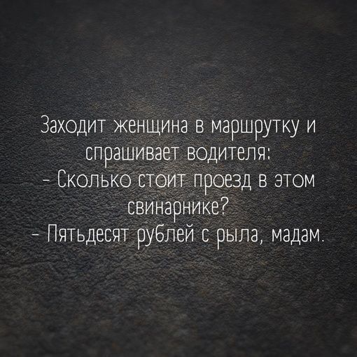 Заходит женщина в маршрутку и спрашивает водителя СКОЛЬКО СТОЙ проезд В ЭТОМ свинарнике7 Пятьдесят рублей с рыла мадам