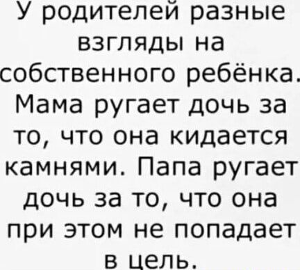 У родителей разные взгляды на собственного ребёнка Мама ругает дочь за то что она кидается камнями Папа ругает дочь за то что она при этом не попадает в цель