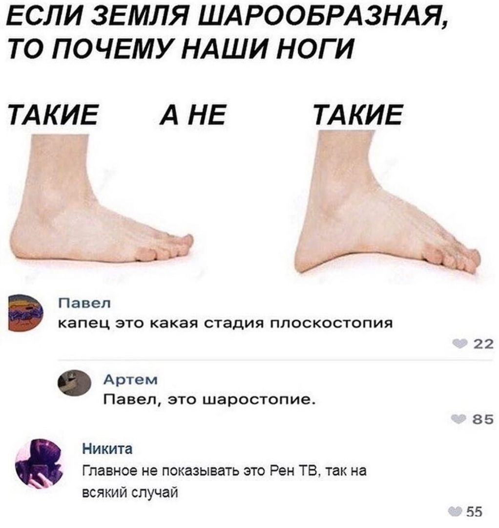 ЕСЛИ ЗЕМЛЯ ШАРООБРАЗНАЯ ТО ПОЧЕМУ НАШИ НОГИ ТАКИЕ АНЕ ТАКИЕ н Павел капец это какая стадия плоскостопия Артем Павел это шаростопие Никита Главное не показывать это Рен ТВ так на всякий случай 22 85 55