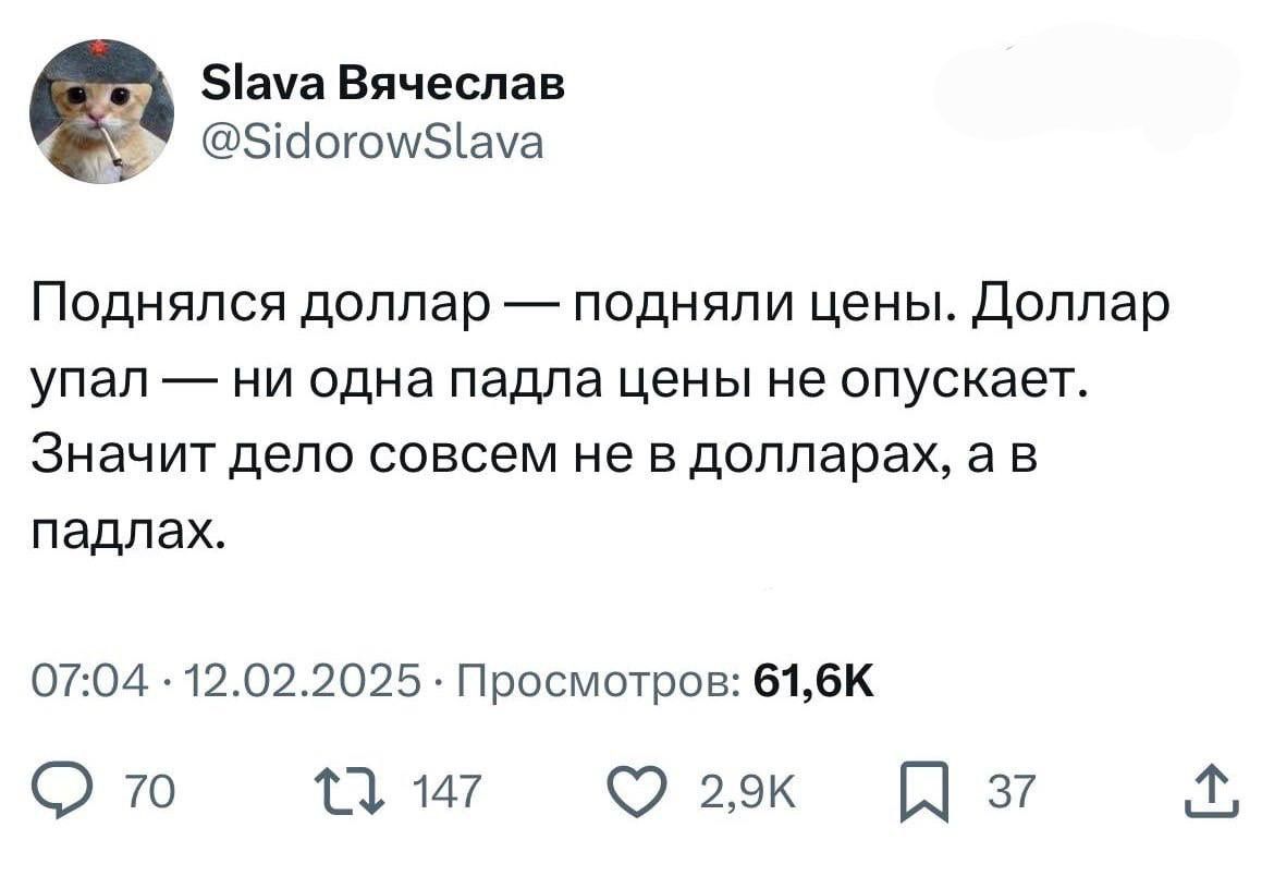 51а Вячеслав есаогом5ауа Поднялся доллар подняли цены Доллар упал ни одна падла цены не опускает Значит дело совсем не в долларах а в падлах 0704 12022025 Просмотров 616К 7 13 147 29к 3э7