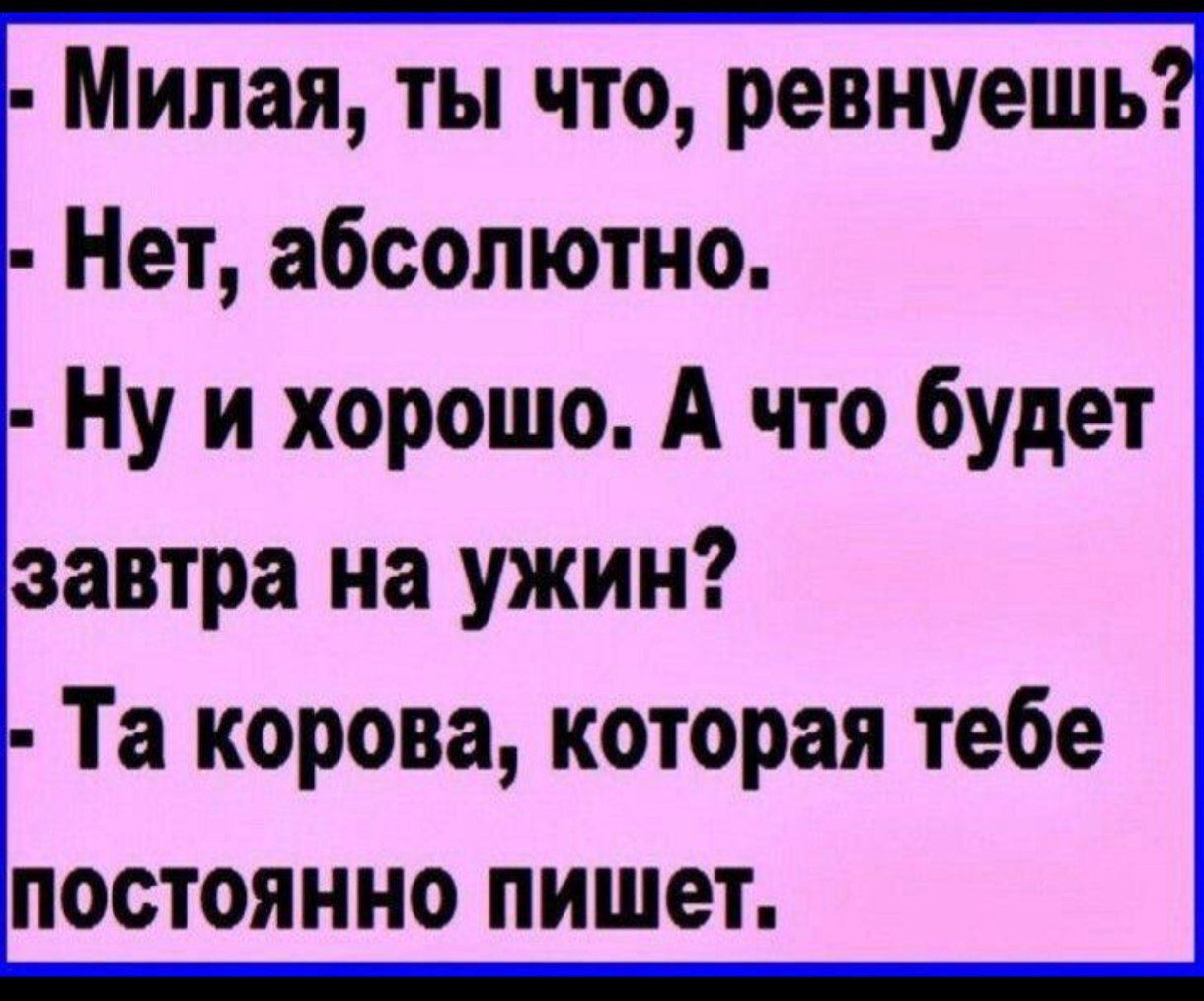 Милая ты что ревнуешь Нет абсолютно Ну и хорошо А что будет завтра на ужин Та корова которая тебе постоянно пишет