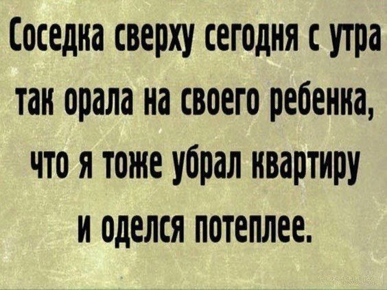 Соседка сверху сегодня с утра так орала на своего ребенка что я тоже убрал квартиру и оделся потеплее